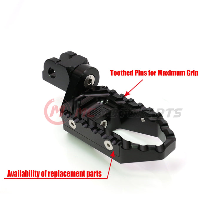 Rear 25mm extension touring foot pegs for Kawasaki ZH2, ZX-10R, Ninja 7, by MC Motoparts, with adjustable wide foot support.