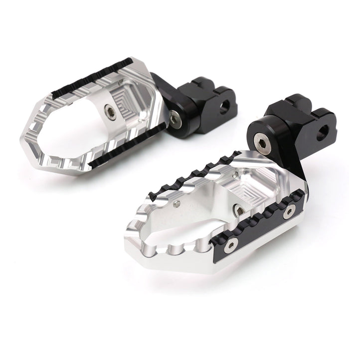 Rear 25mm extension touring foot pegs for Kawasaki ZH2, ZX-10R, and Ninja 7, black adjustable wide foot pegs by MC Motoparts.