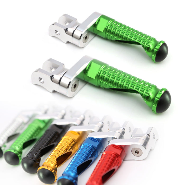 Rear 25mm extension foot pegs for Kawasaki ZH2, ZX-10R, Ninja 7 by MC Motoparts, showcasing the silver metal finish and mounting hardware.