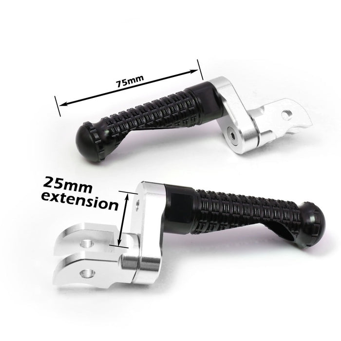 Rear 25mm extension foot pegs for Kawasaki ZH2, ZX-10R, Ninja 7 by MC Motoparts, black metal motorcycle foot pegs detail