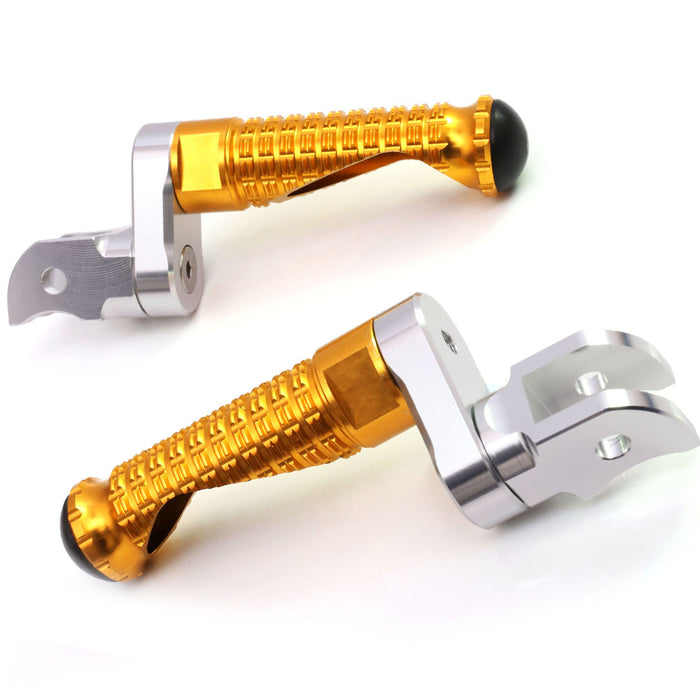 Rear 25mm extension foot pegs for Kawasaki ZH2 and ZX-10R by MC Motoparts, metal with gold finish, mounted on motorcycle.