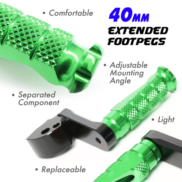 Rear 40mm extension foot pegs for Kawasaki ZH2 and ZX-10R Ninja from MC Motoparts, shown with detailed mounting features.