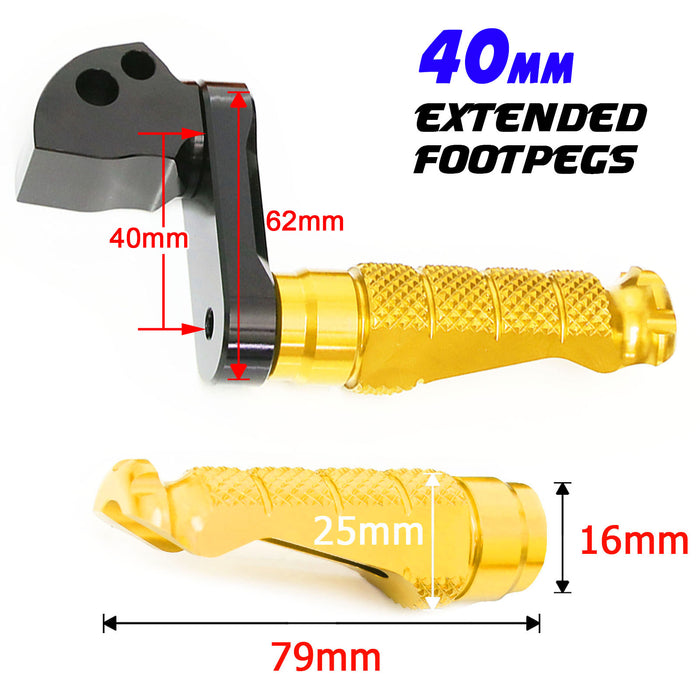 Rear 40mm extension foot pegs for Kawasaki ZH2, ZX-10R, and Ninja Z E-1 by MC Motoparts, shown with detailed close-up.