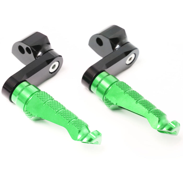 Rear 40mm extension foot pegs for Kawasaki ZH2, ZX-10R, Ninja 7 by MC Motoparts, shown with installation detail.
