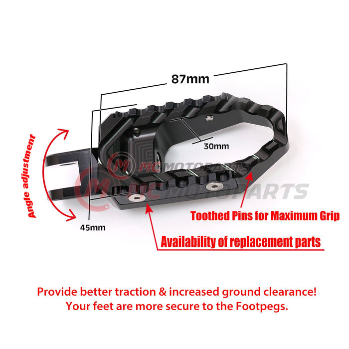 Rear touring wide foot pegs for Kawasaki ZH2, ZX-10R, Ninja 7, and Z E-1 from MC Motoparts, showing black finish and sturdy design.