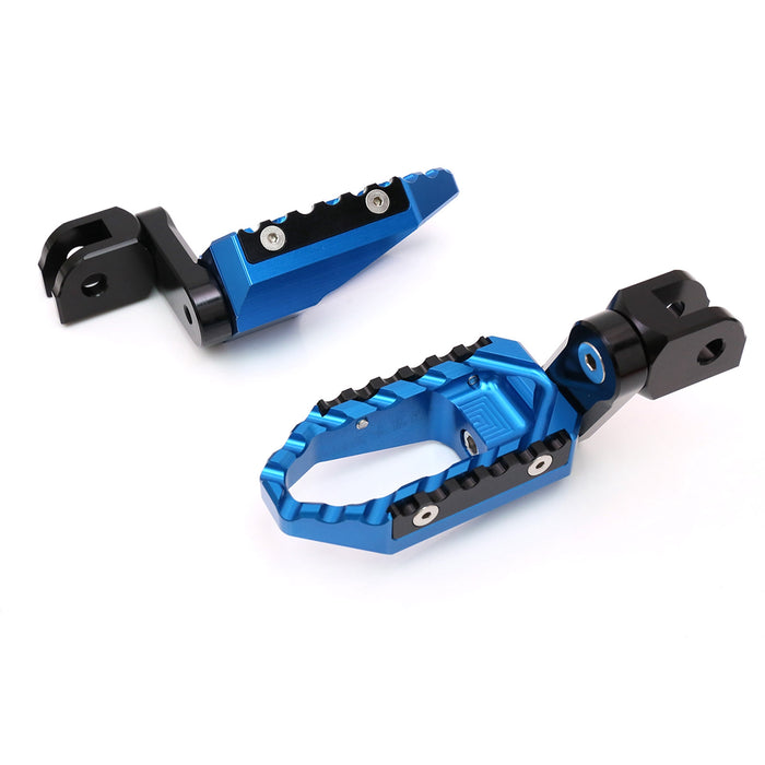 Rear 40mm extension touring foot pegs by MC Motoparts for Suzuki SV650 SV1000, wide design, black finish, suitable for lowered ride.