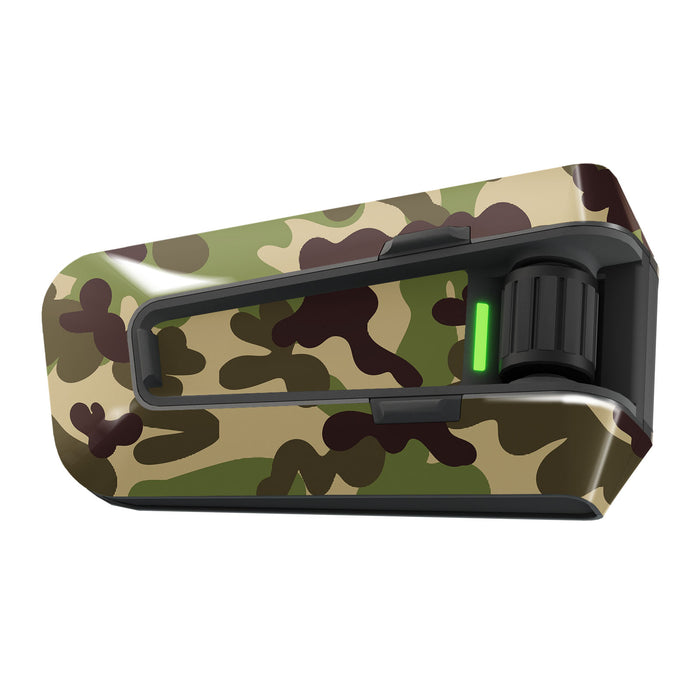 Glossy green tactical camo vinyl decal wrap for Cardo Packtalk Edge, featuring MC Motoparts sticker for customization.