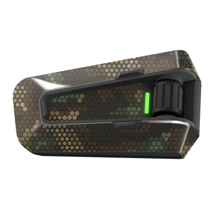 Glossy or matte vinyl decal wrap for Cardo Packtalk Edge, tactical camo design, MC Motoparts sticker, camouflage pattern.