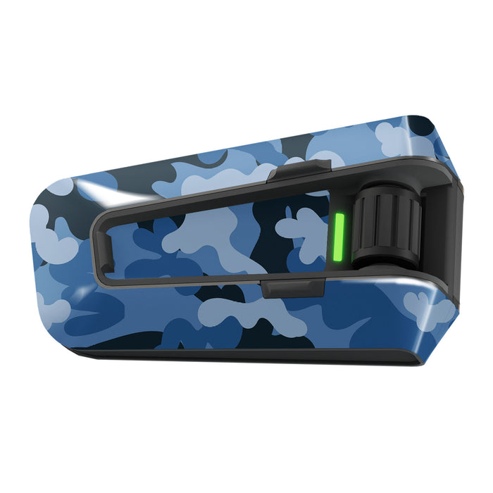 Blue tactical camo vinyl decal wrap for Cardo Packtalk Edge motorcycle communicator, featuring glossy or matte finish.