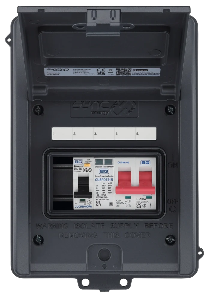Sync Energy CFEV5RDA Electric Vehicle (EV) Distribution Board w/ 100A Main Switch, 40A RCBO & T2 SPD