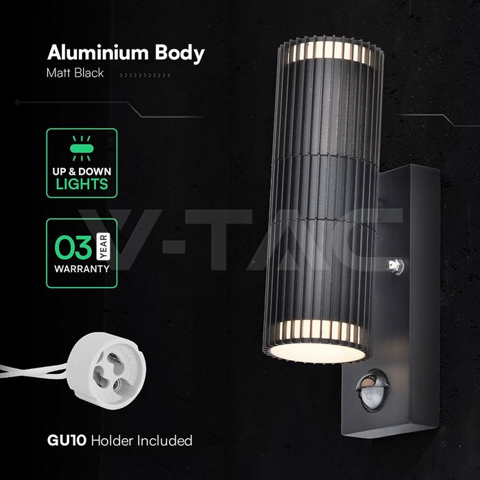 V- tac 24307 VT-10175PIR GU10 Wall Light Holder Double Head IP44 PIR Sensor