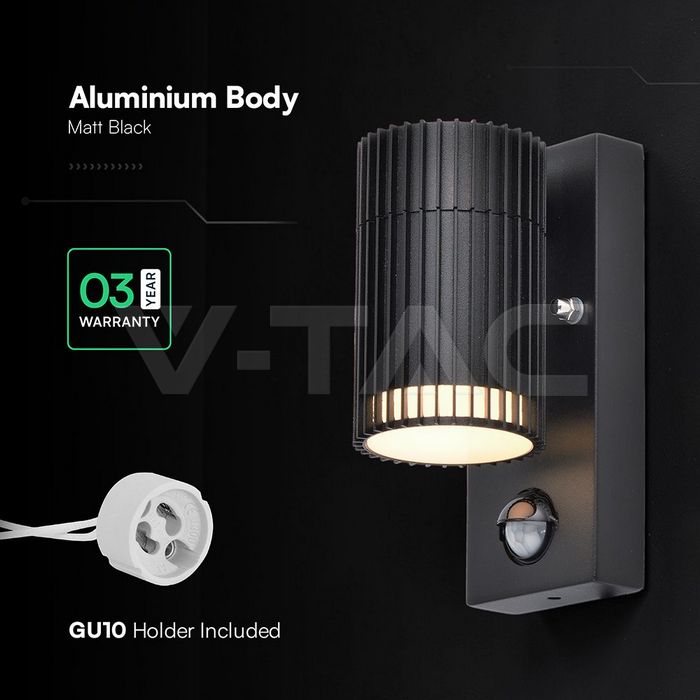 V-tac 24306  VT-10174PIR GU10 Wall Light Holder Single Head IP44 PIR Sensor
