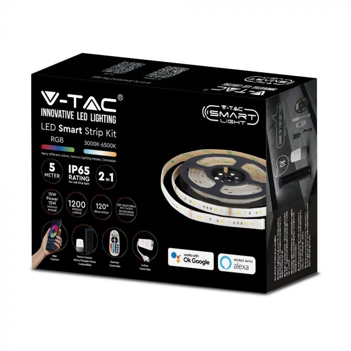 V-Tac VT-5050 Complete 5-Meter RGB+3IN1 Smart LED Strip Kit works w. Alexa & Google Home